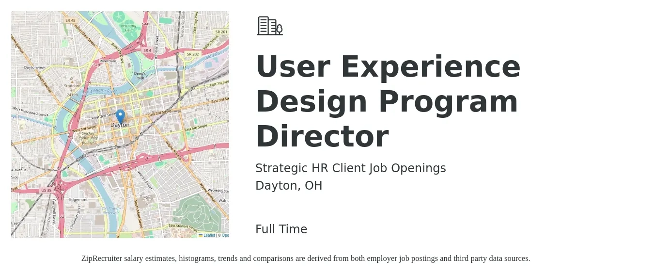 Strategic HR Client Job Openings job posting for a User Experience Design Program Director in Dayton, OH with a salary of $58,300 to $164,300 Yearly with a map of Dayton location.