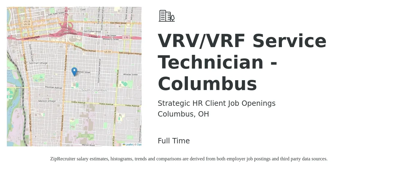 Strategic HR Client Job Openings job posting for a VRV/VRF Service Technician - Columbus in Columbus, OH with a salary of $24 to $34 Hourly with a map of Columbus location.