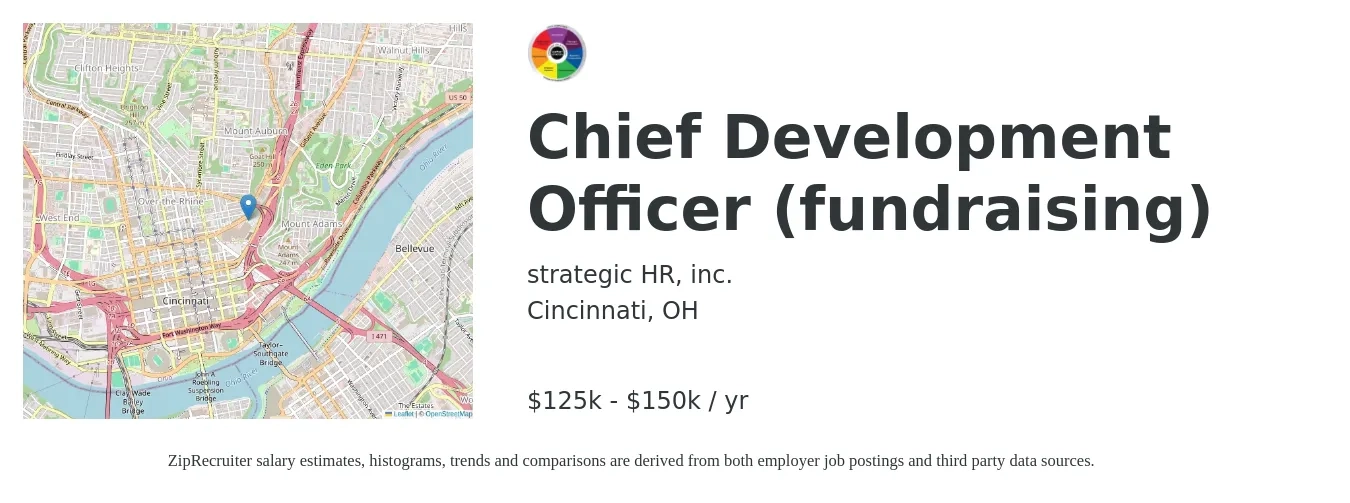 Strategic HR job posting for a Chief Development Officer (fundraising) in Cincinnati, OH with a salary of $125,000 to $150,000 Yearly with a map of Cincinnati location.