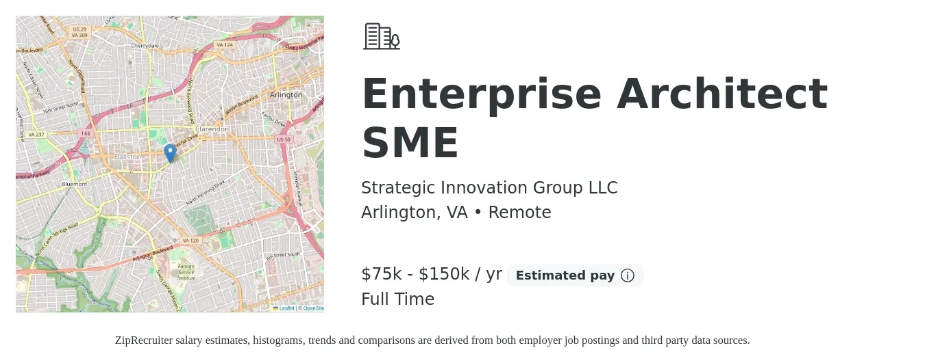 Strategic Innovation Group LLC job posting for a Enterprise Architect SME in Arlington, VA with a salary of $75,000 to $150,000 Yearly with a map of Arlington location.