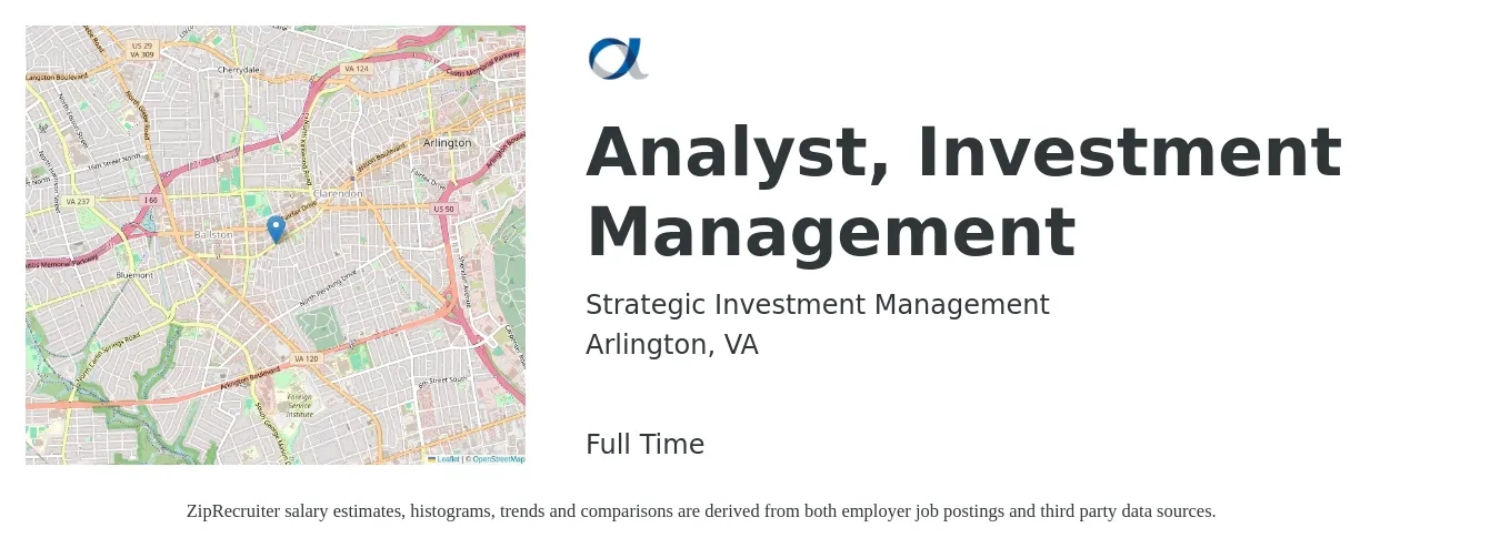 Strategic Investment Management job posting for a Analyst, Investment Management in Arlington, VA with a salary of $76,000 to $113,700 Yearly with a map of Arlington location.