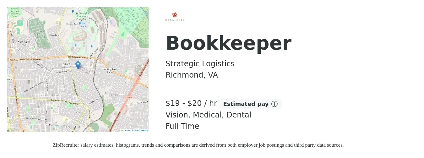 Strategic Logistics job posting for a Bookkeeper in Richmond, VA with a salary of $20 to $21 Hourly and benefits including vision, dental, and medical with a map of Richmond location.