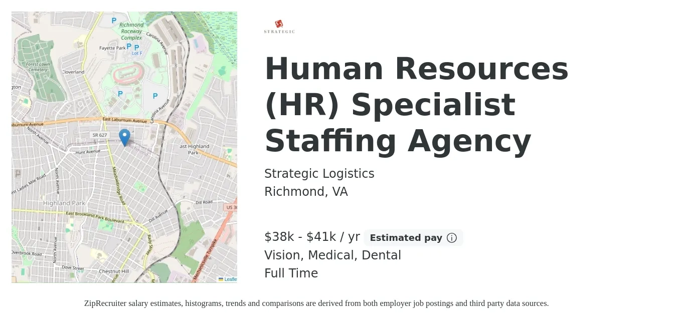 Strategic Logistics job posting for a Human Resources (HR) Specialist Staffing Agency in Richmond, VA with a salary of $38,000 to $41,000 Yearly and benefits including vision, dental, and medical with a map of Richmond location.