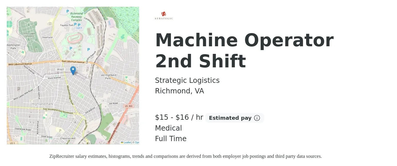 Strategic Logistics job posting for a Machine Operator 2nd Shift in Richmond, VA with a salary of $16 to $17 Hourly and benefits including medical with a map of Richmond location.