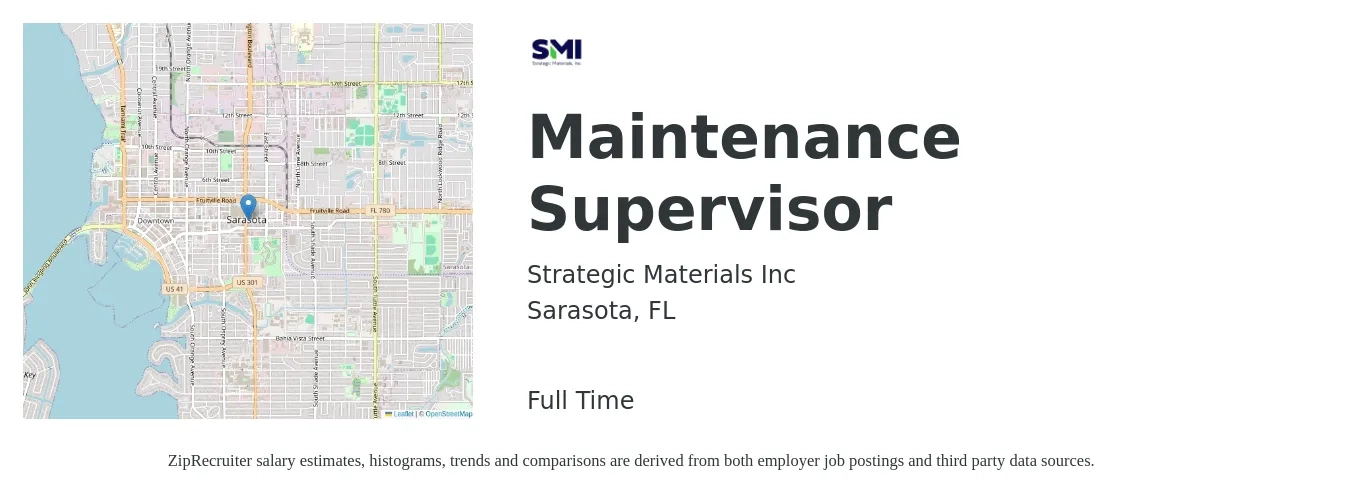 Strategic Materials Inc job posting for a Maintenance Supervisor in Sarasota, FL with a salary of $22 to $37 Hourly with a map of Sarasota location.