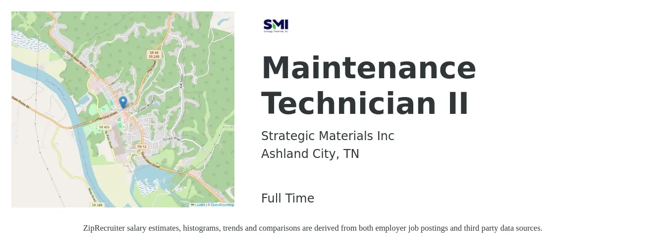 Strategic Materials Inc job posting for a Maintenance Technician II in Ashland City, TN with a salary of $20 to $27 Hourly with a map of Ashland City location.