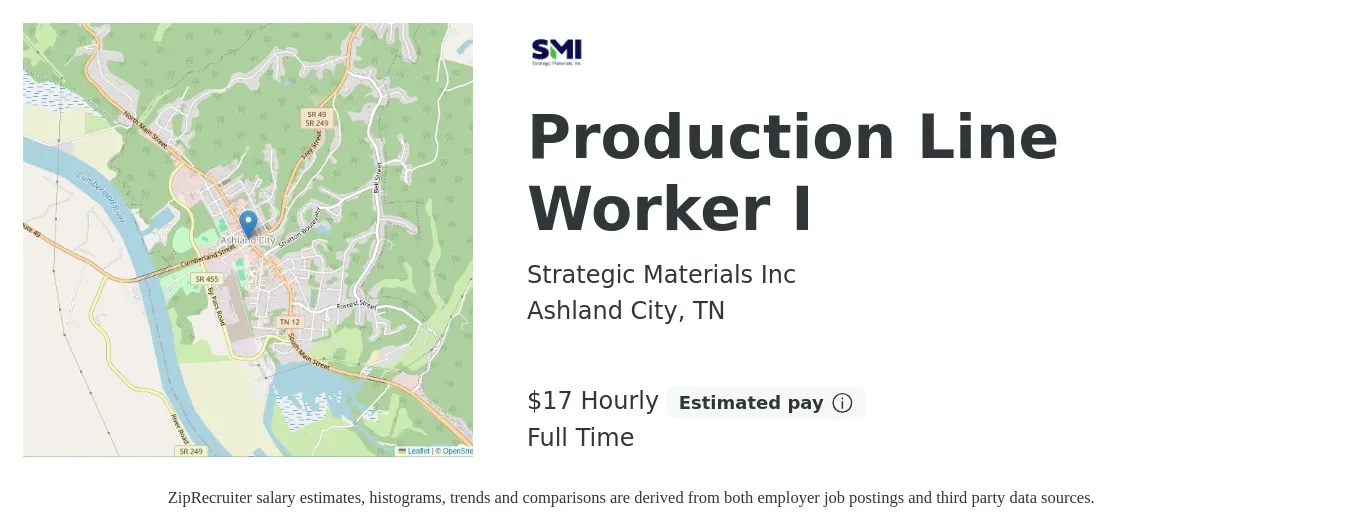 Strategic Materials Inc job posting for a Production Line Worker I in Ashland City, TN with a salary of $18 Hourly with a map of Ashland City location.