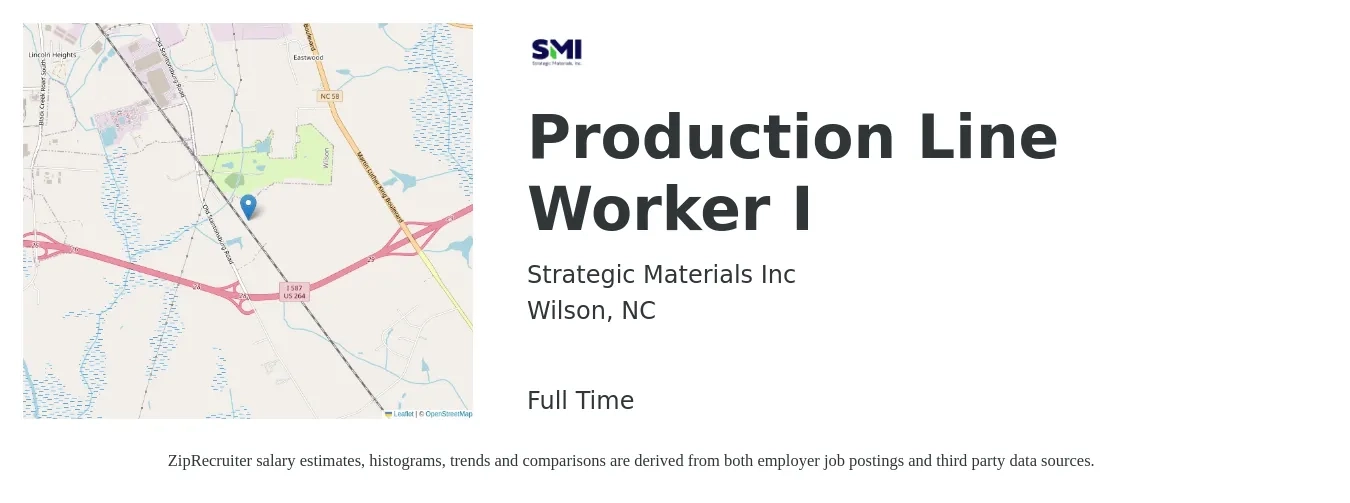 Strategic Materials Inc job posting for a Production Line Worker I in Wilson, NC with a salary of $12 to $15 Hourly with a map of Wilson location.