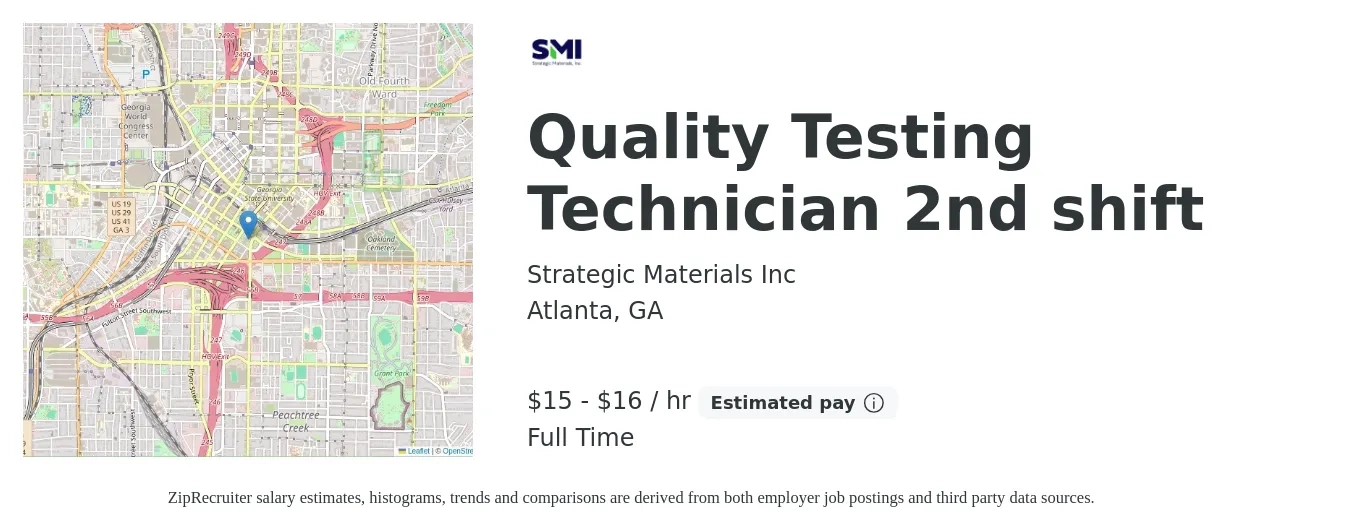 Strategic Materials Inc job posting for a Quality Testing Technician 2nd shift in Atlanta, GA with a salary of $16 to $18 Hourly with a map of Atlanta location.