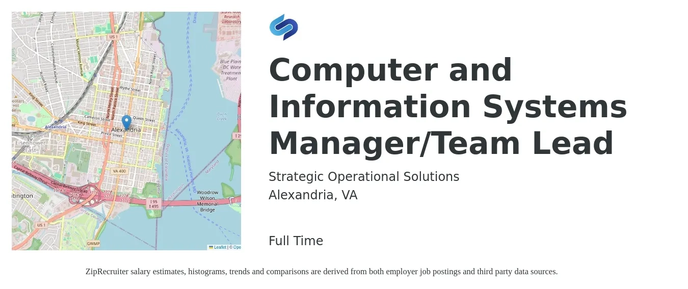Strategic Operational Solutions, Inc. (STOPSO) job posting for a Computer and Information Systems Manager/Team Lead in Alexandria, VA with a salary of $83,900 to $130,400 Yearly with a map of Alexandria location.