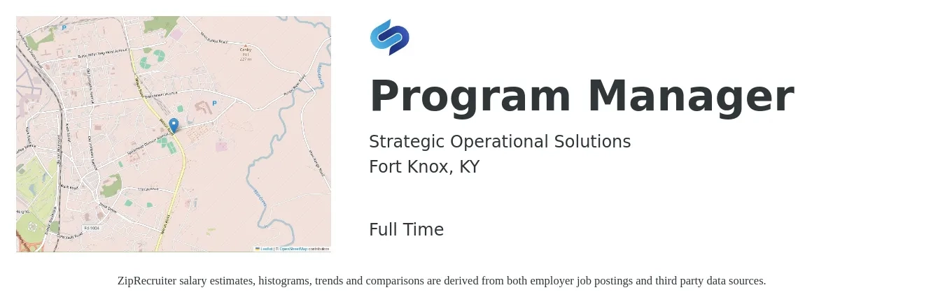 Strategic Operational Solutions job posting for a Program Manager in Fort Knox, KY with a salary of $75,800 to $126,300 Yearly with a map of Fort Knox location.