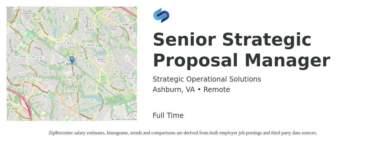 Strategic Operational Solutions job posting for a Senior Strategic Proposal Manager in Ashburn, VA with a salary of $82,300 to $120,700 Yearly with a map of Ashburn location.