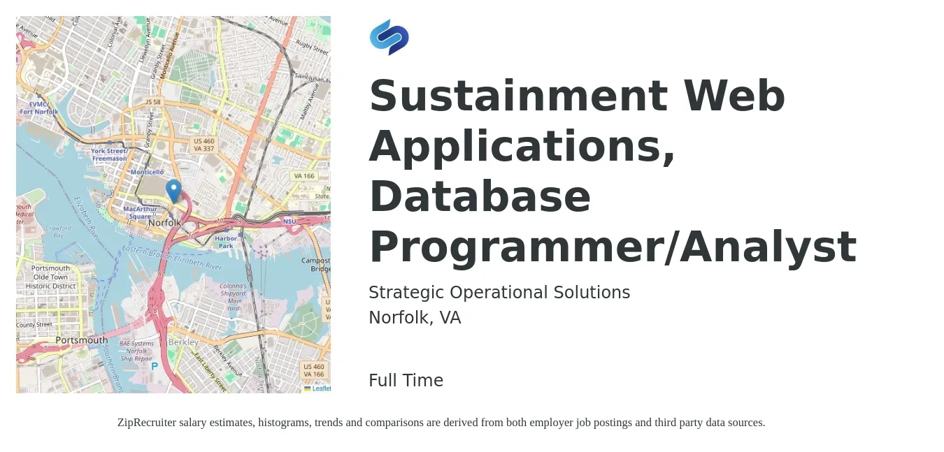 Strategic Operational Solutions job posting for a Sustainment Web Applications, Database Programmer/Analyst in Norfolk, VA with a salary of $36 to $57 Hourly with a map of Norfolk location.