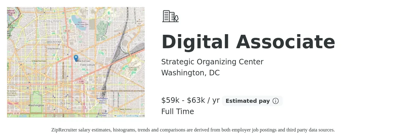 Strategic Organizing Center job posting for a Digital Associate in Washington, DC with a salary of $59,728 to $63,983 Yearly with a map of Washington location.