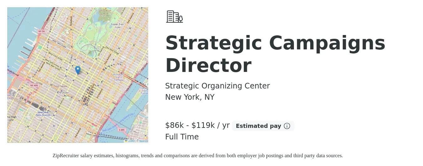 Strategic Organizing Center job posting for a Strategic Campaigns Director in New York, NY with a salary of $86,423 to $119,823 Yearly with a map of New York location.