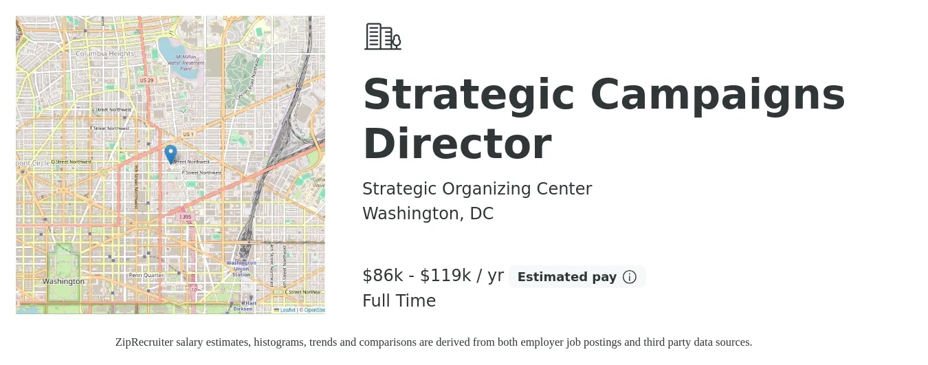 Strategic Organizing Center job posting for a Strategic Campaigns Director in Washington, DC with a salary of $86,423 to $119,823 Yearly with a map of Washington location.