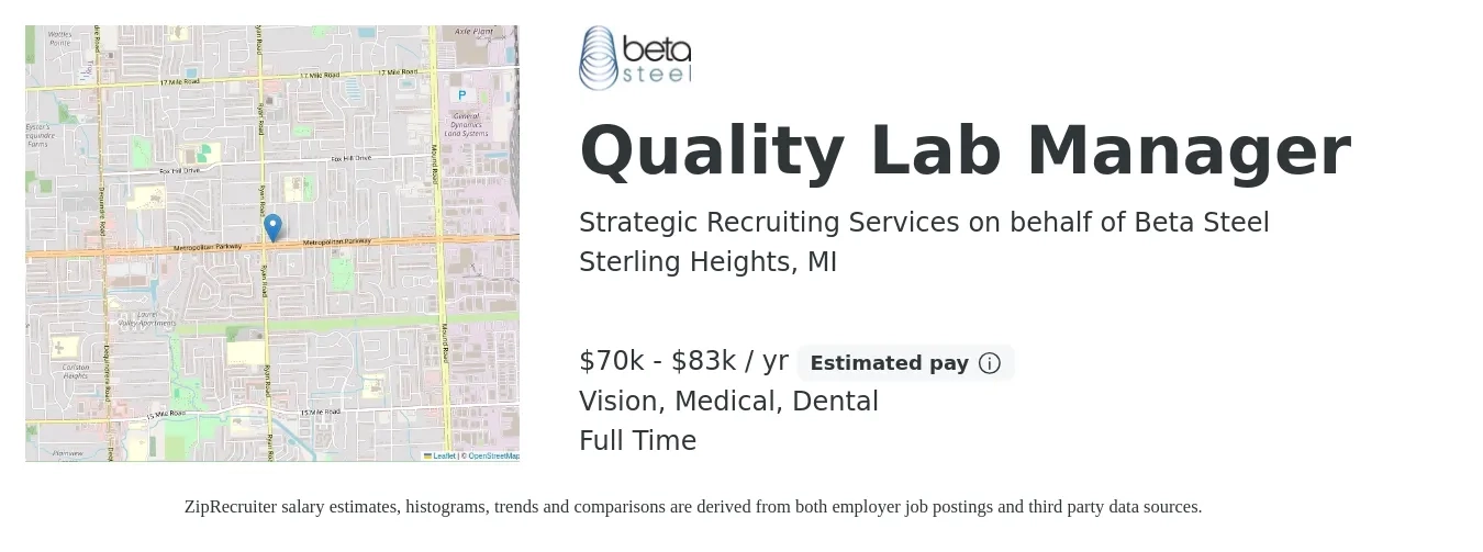 Strategic Recruiting Services on behalf of Beta Steel job posting for a Quality Lab Manager in Sterling Heights, MI with a salary of $70,000 to $83,000 Yearly and benefits including vision, dental, life_insurance, medical, pto, and retirement with a map of Sterling Heights location.