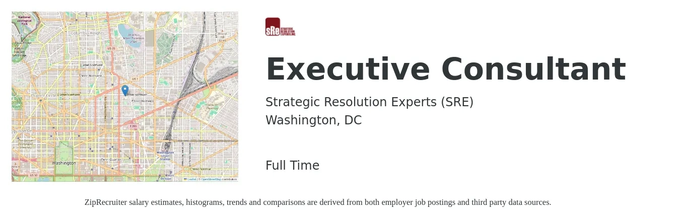 Strategic Resolution Experts (SRE) job posting for a Executive Consultant in Washington, DC with a salary of $46 to $63 Hourly with a map of Washington location.