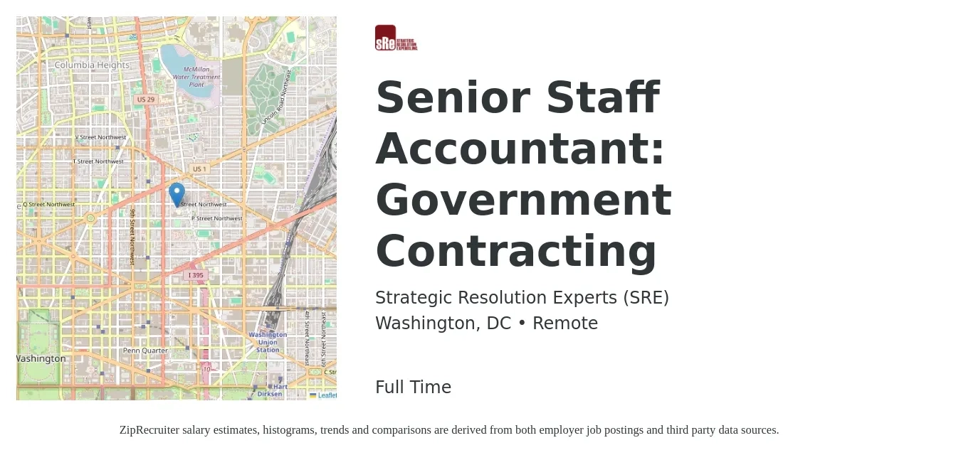 Strategic Resolution Experts (SRE) job posting for a Senior Staff Accountant: Government Contracting in Washington, DC with a salary of $78,700 to $96,800 Yearly with a map of Washington location.