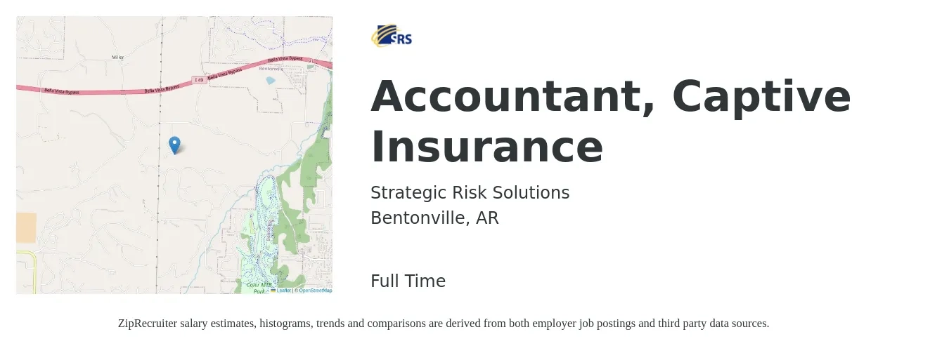 Strategic Risk Solutions job posting for a Accountant, Captive Insurance in Bentonville, AR with a salary of $46,900 to $68,800 Yearly with a map of Bentonville location.