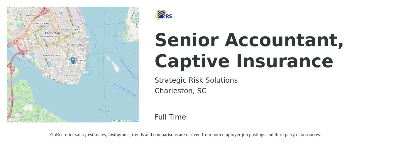 Strategic Risk Solutions job posting for a Senior Accountant, Captive Insurance in Charleston, SC with a salary of $69,200 to $87,000 Yearly with a map of Charleston location.