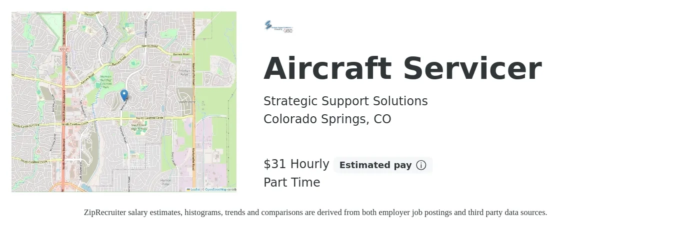 Strategic Support Solutions job posting for a Aircraft Servicer in Colorado Springs, CO with a salary of $32 Hourly with a map of Colorado Springs location.