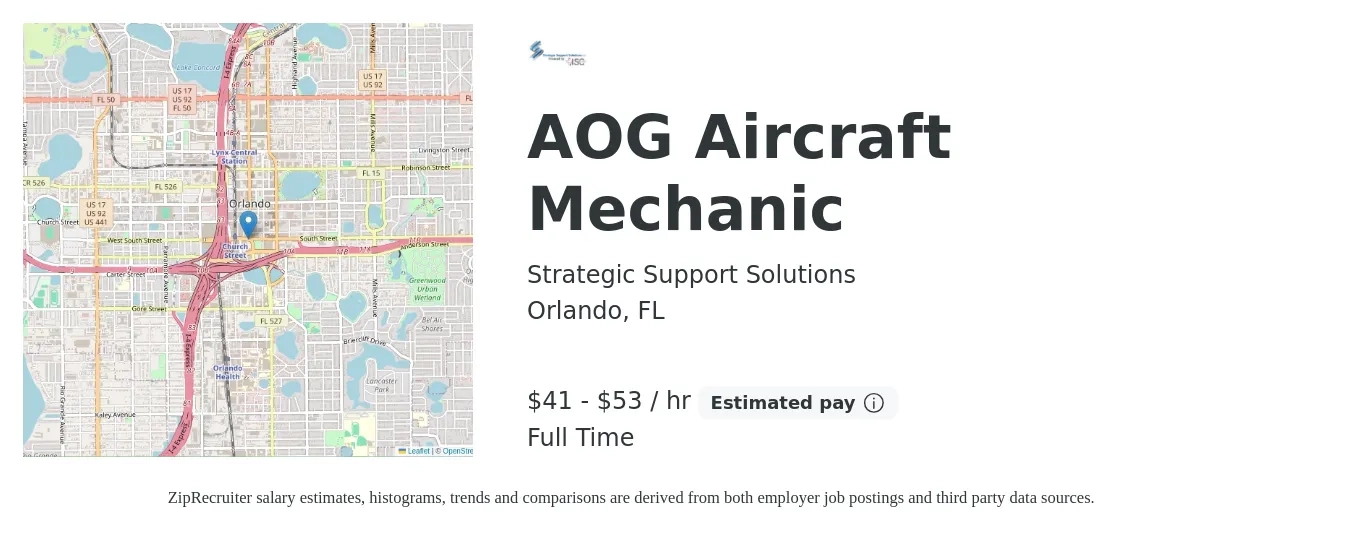 Strategic Support Solutions job posting for a AOG Aircraft Mechanic in Orlando, FL with a salary of $43 to $56 Hourly with a map of Orlando location.