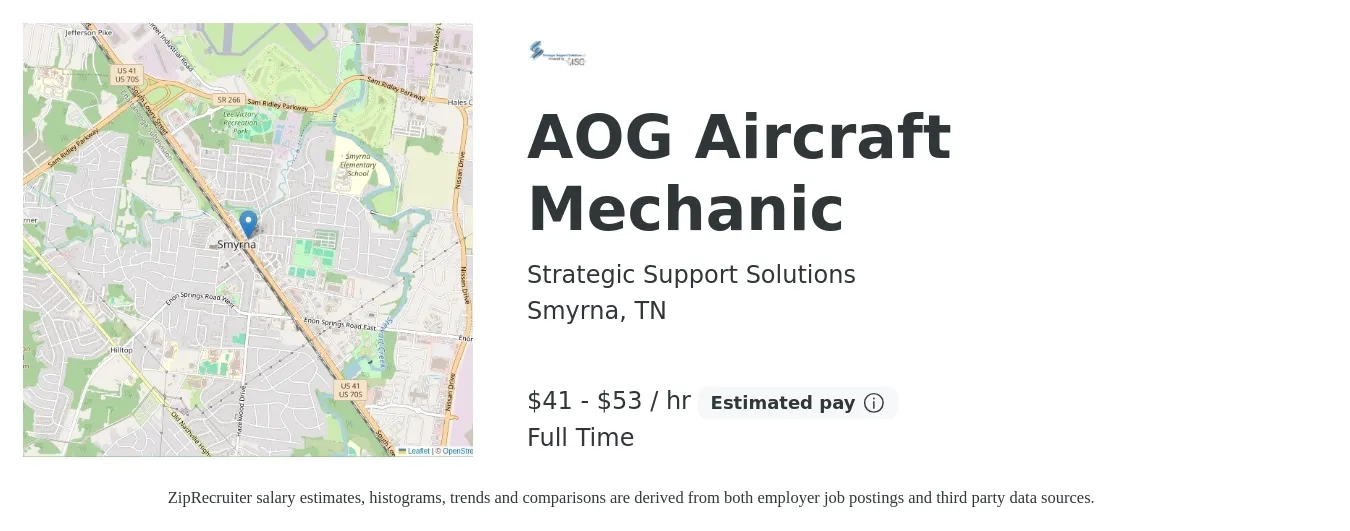 Strategic Support Solutions job posting for a AOG Aircraft Mechanic in Smyrna, TN with a salary of $43 to $56 Hourly with a map of Smyrna location.