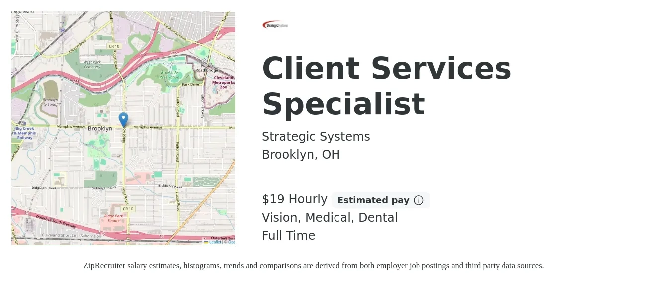 Strategic Systems job posting for a Client Services Specialist in Brooklyn, OH with a salary of $20 Hourly and benefits including dental, life_insurance, medical, and vision with a map of Brooklyn location.