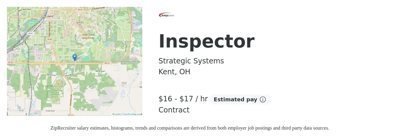 Strategic Systems job posting for a Inspector in Kent, OH with a salary of $17 to $18 Hourly with a map of Kent location.