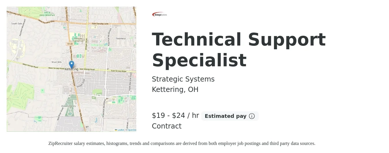 Strategic Systems job posting for a Technical Support Specialist in Kettering, OH with a salary of $20 to $25 Hourly with a map of Kettering location.