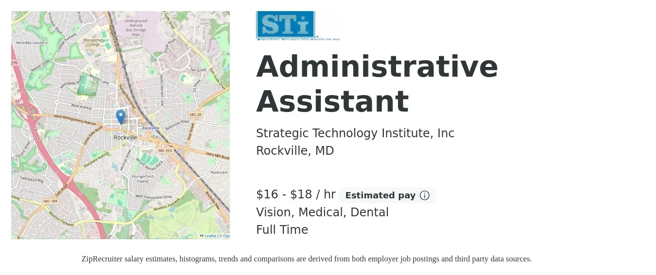 Strategic Technology Institute, Inc job posting for a Administrative Assistant in Rockville, MD with a salary of $17 to $19 Hourly and benefits including vision, dental, life_insurance, medical, and retirement with a map of Rockville location.
