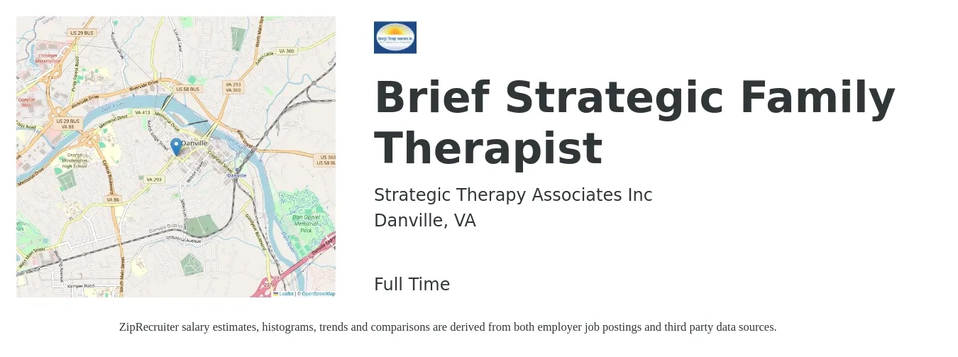 Strategic Therapy Associates Inc job posting for a Brief Strategic Family Therapist in Danville, VA with a salary of $45,000 to $63,000 Yearly with a map of Danville location.