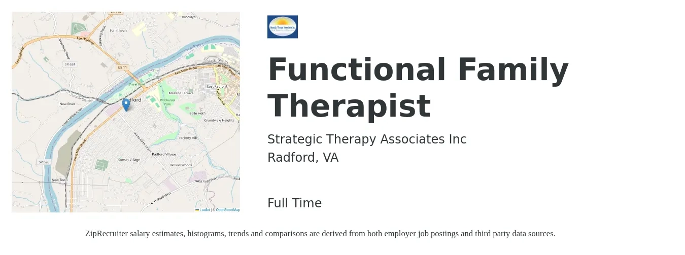 Strategic Therapy Associates Inc job posting for a Functional Family Therapist in Radford, VA with a salary of $40,000 to $63,000 Yearly with a map of Radford location.