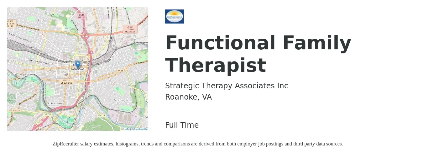 Strategic Therapy Associates Inc job posting for a Functional Family Therapist in Roanoke, VA with a salary of $40,000 to $63,000 Yearly with a map of Roanoke location.