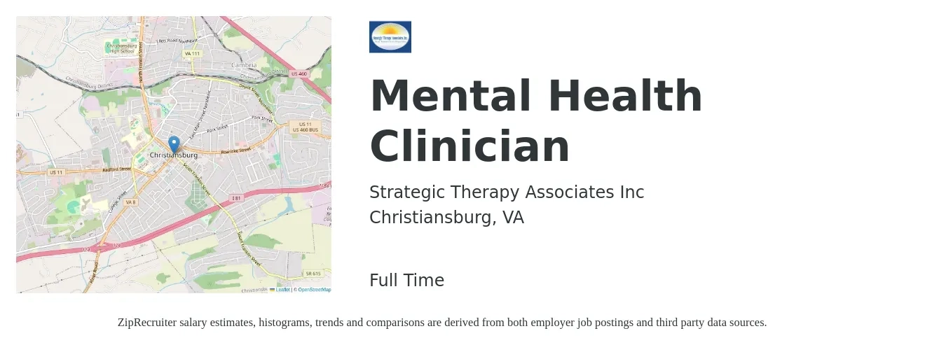 Strategic Therapy Associates Inc job posting for a Mental Health Clinician in Christiansburg, VA with a salary of $40,000 Yearly with a map of Christiansburg location.