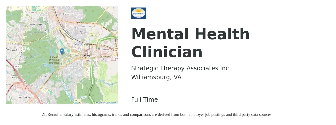 Strategic Therapy Associates Inc job posting for a Mental Health Clinician in Williamsburg, VA with a salary of $40,000 Yearly with a map of Williamsburg location.