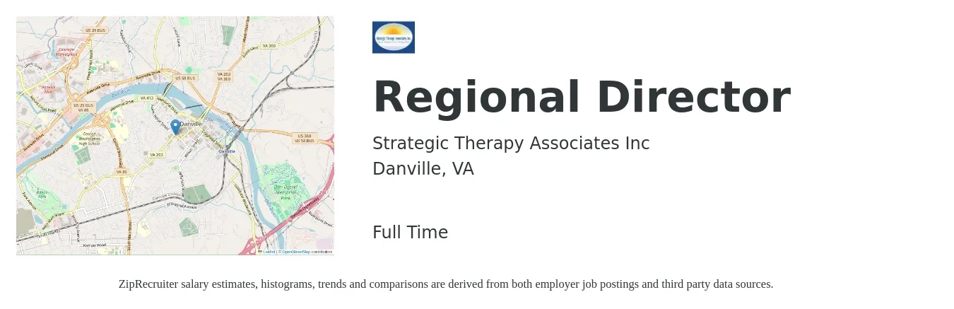 Strategic Therapy Associates Inc job posting for a Regional Director in Danville, VA with a salary of $63,100 to $106,800 Yearly with a map of Danville location.
