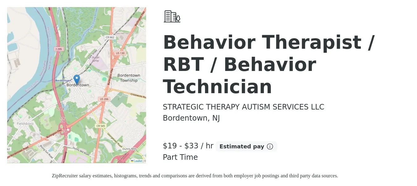 STRATEGIC THERAPY AUTISM SERVICES LLC job posting for a Behavior Therapist / RBT / Behavior Technician in Bordentown, NJ with a salary of $20 to $35 Hourly with a map of Bordentown location.