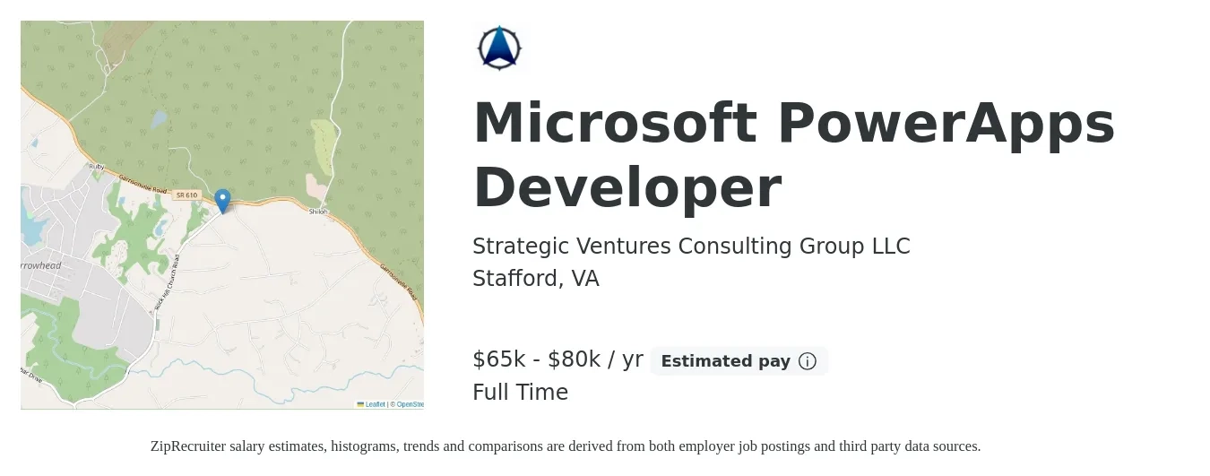 Strategic Ventures Consulting Group LLC job posting for a Microsoft PowerApps Developer in Stafford, VA with a salary of $65,000 to $80,000 Yearly with a map of Stafford location.