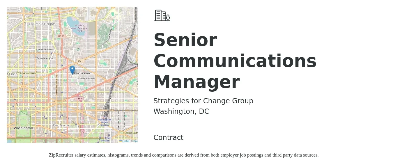 Strategies for Change Group job posting for a Senior Communications Manager in Washington, DC with a salary of $5,000 Monthly with a map of Washington location.