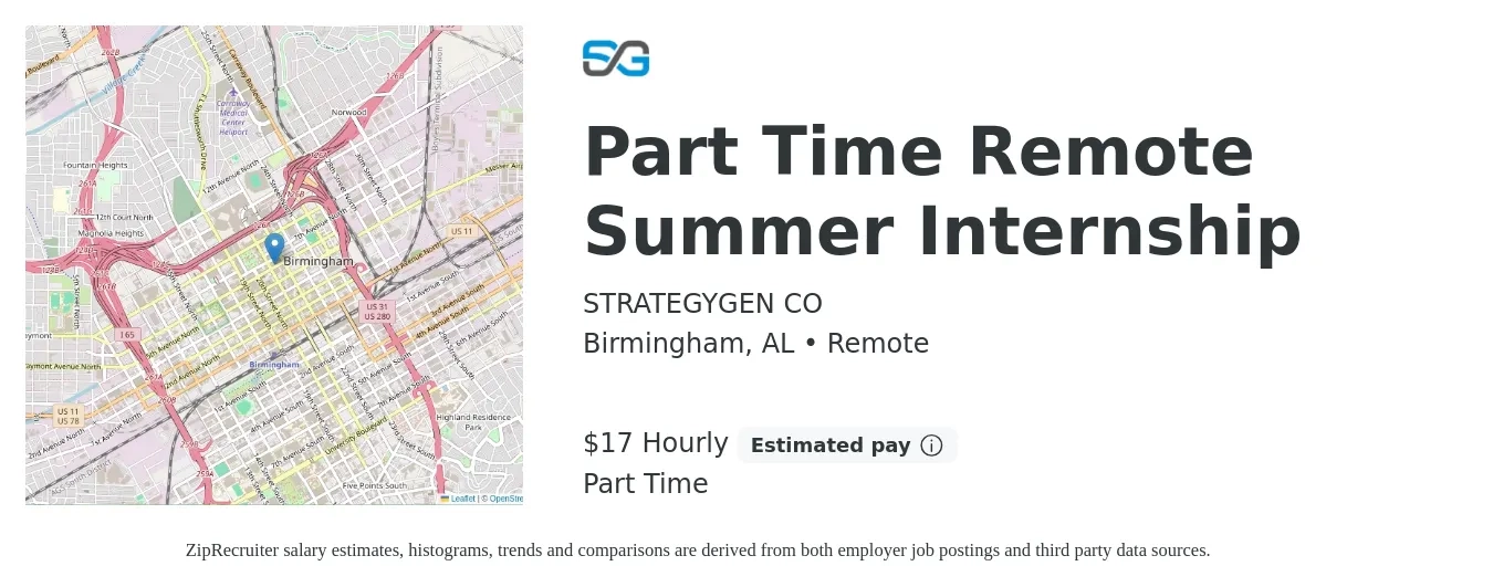 STRATEGYGEN CO job posting for a Part Time Remote Summer Internship in Birmingham, AL with a salary of $18 Hourly with a map of Birmingham location.