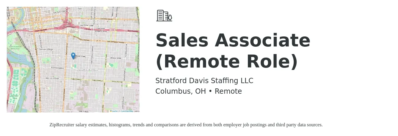 Stratford Davis Staffing LLC job posting for a Sales Associate (Remote Role) in Columbus, OH with a salary of $14 to $18 Hourly with a map of Columbus location.