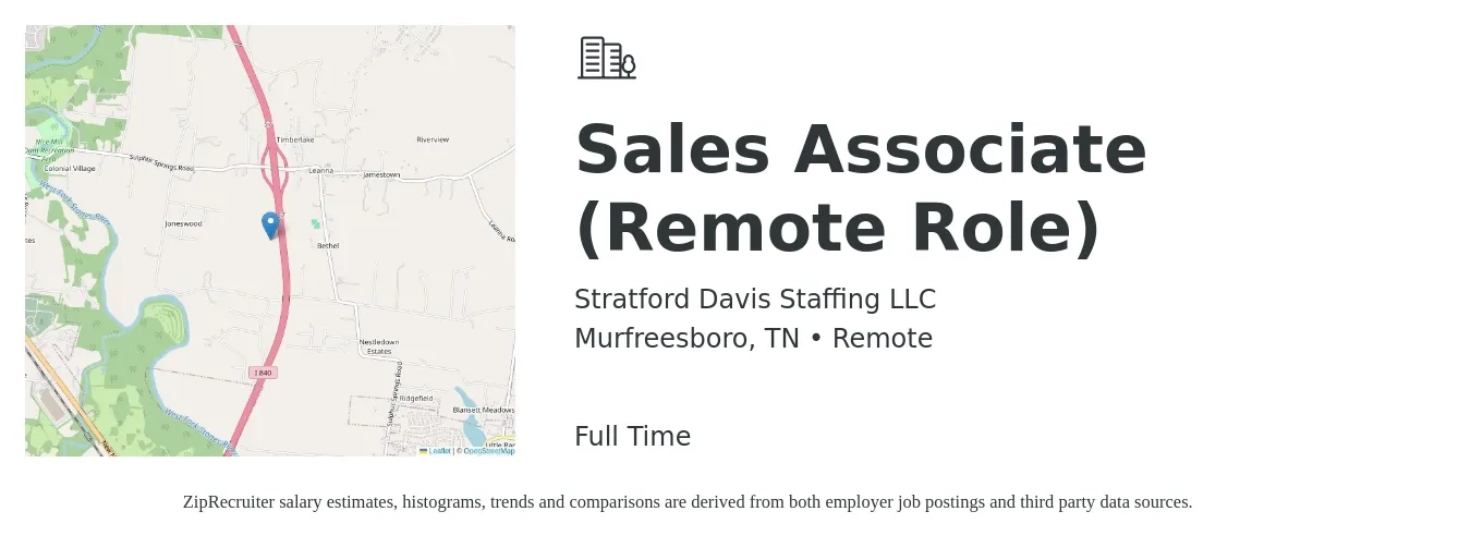 Stratford Davis Staffing LLC job posting for a Sales Associate (Remote Role) in Murfreesboro, TN with a salary of $13 to $17 Hourly with a map of Murfreesboro location.