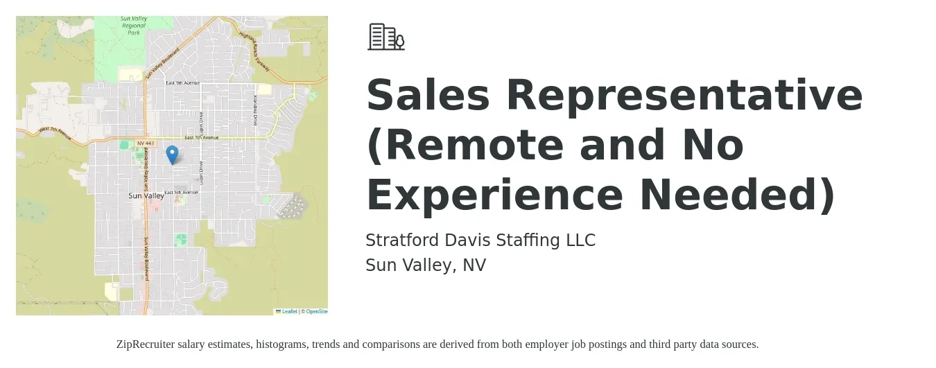 Stratford Davis Staffing LLC job posting for a Sales Representative (Remote and No Experience Needed) in Sun Valley, NV with a salary of $59,400 to $103,300 Yearly with a map of Sun Valley location.