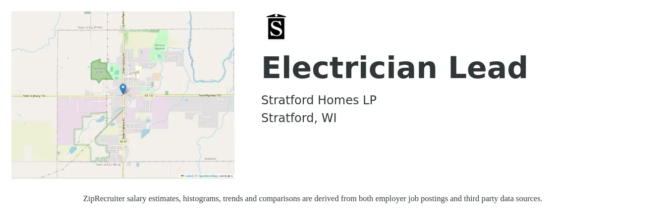 Stratford Homes LP job posting for a Electrician Lead in Stratford, WI with a salary of $19 to $21 Hourly with a map of Stratford location.