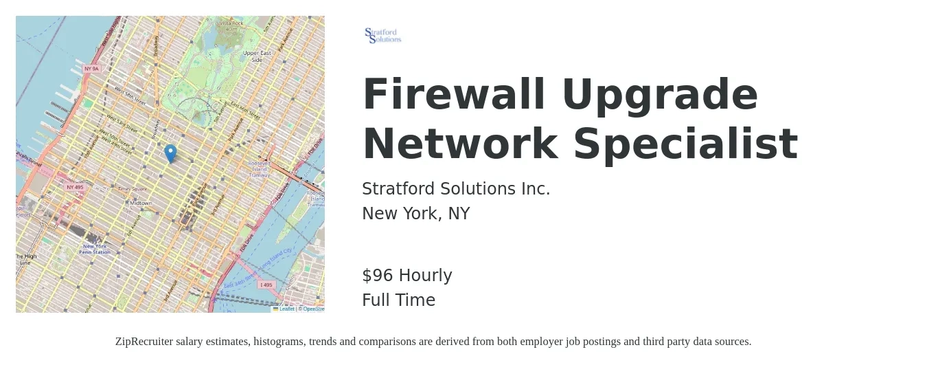Stratford Solutions Inc. job posting for a Firewall Upgrade Network Specialist in New York, NY with a salary of $100 Hourly with a map of New York location.