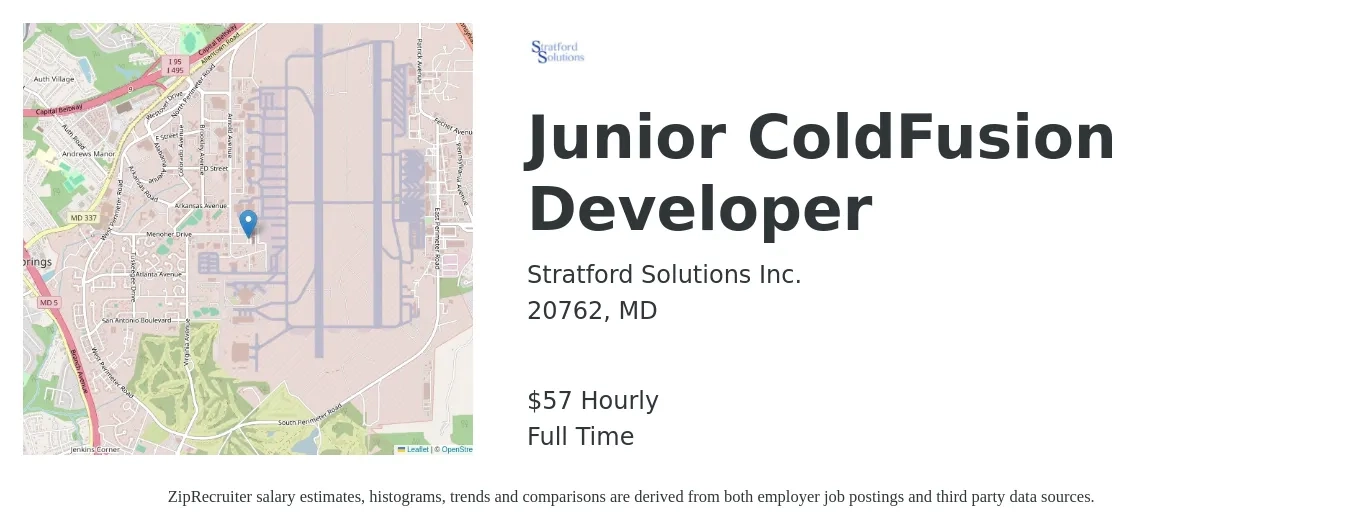 Stratford Solutions Inc. job posting for a Junior ColdFusion Developer in 20762, MD with a salary of $60 Hourly with a map of 20762 location.