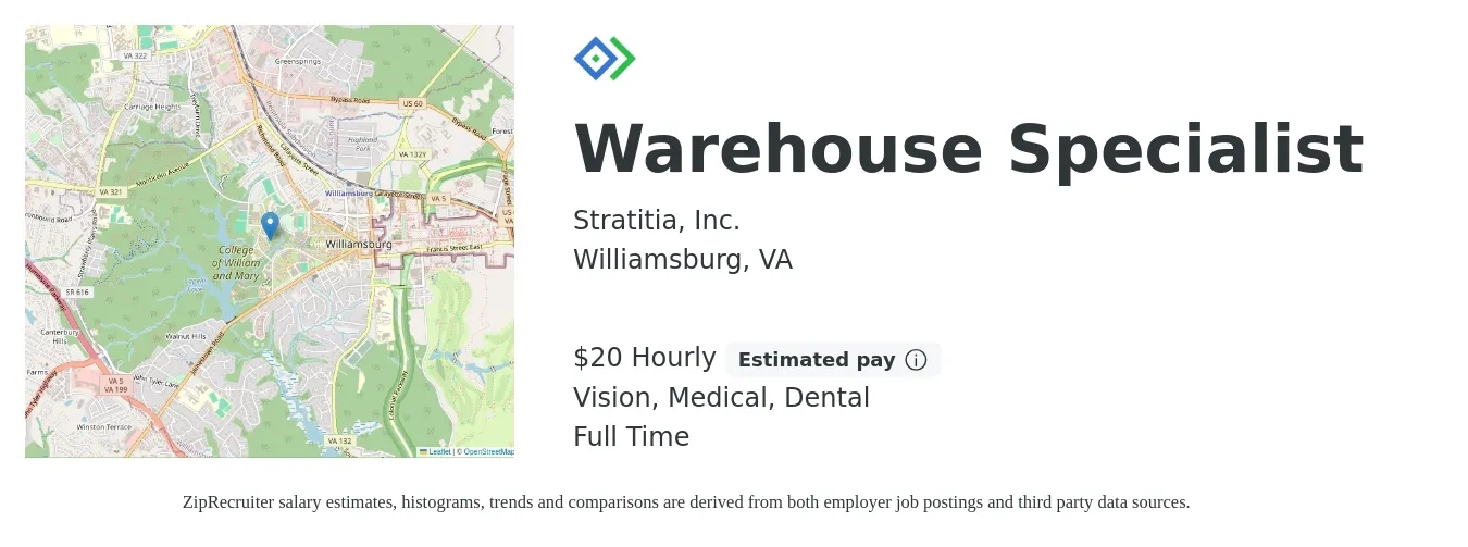 Stratitia, Inc. job posting for a Warehouse Specialist in Williamsburg, VA with a salary of $21 Hourly and benefits including medical, retirement, vision, dental, and life_insurance with a map of Williamsburg location.