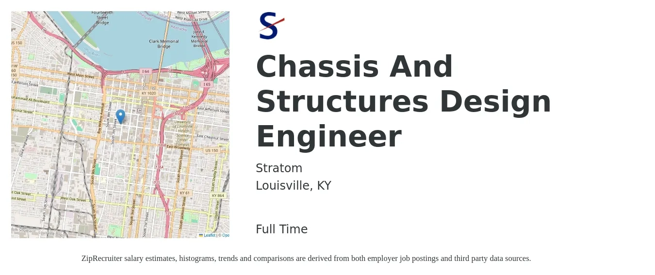 Stratom job posting for a Chassis And Structures Design Engineer in Louisville, KY with a salary of $38 to $64 Hourly with a map of Louisville location.